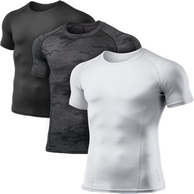 ATHLIO Men's Cool Dry Short Sleeve Compression Shirts, Sports Baselayer T-Shirts Tops, Athletic Workout Shirt, 3pack Black/Camo Black/White, Medium