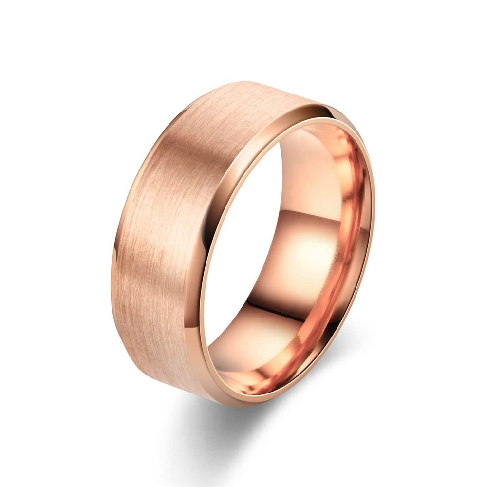 Classic 8mm Stainless Steel Men Rings Rose Gold Color Brushed Surface Wedding Band Unisex Engagement Jewelry Gifts F98R9 (Rose Gold Color-8)