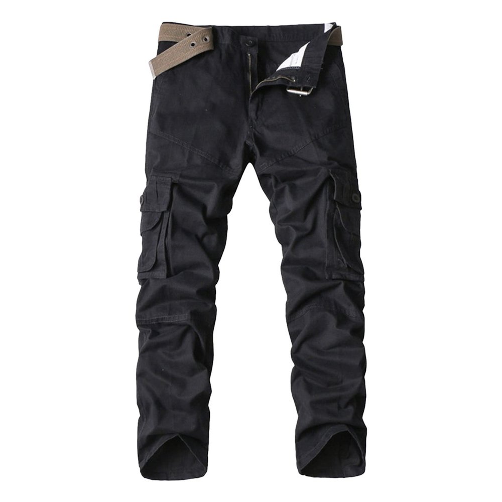 Men's Outdoor Cargo Trousers Multi-Pocket Casual Cotton Pants with No Belt Tactical Military Army Hiking Slacks (Black,32)