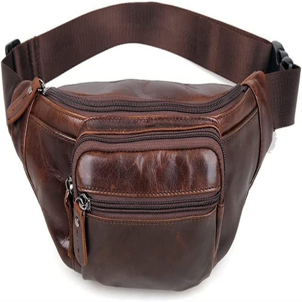 TATSEN Vintage Leather Men's Waist Bag Leather Phone Bag Large Capacity Shoulder Bag Zipper Boss Waist Bag