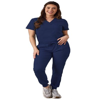 Green Town Scrubs for Women Scrub Set - Slim Fit Jogger Pant and Tuck-In V-Neck Top, 5 Pockets, Easy Care Uniform -Navy-X-Large