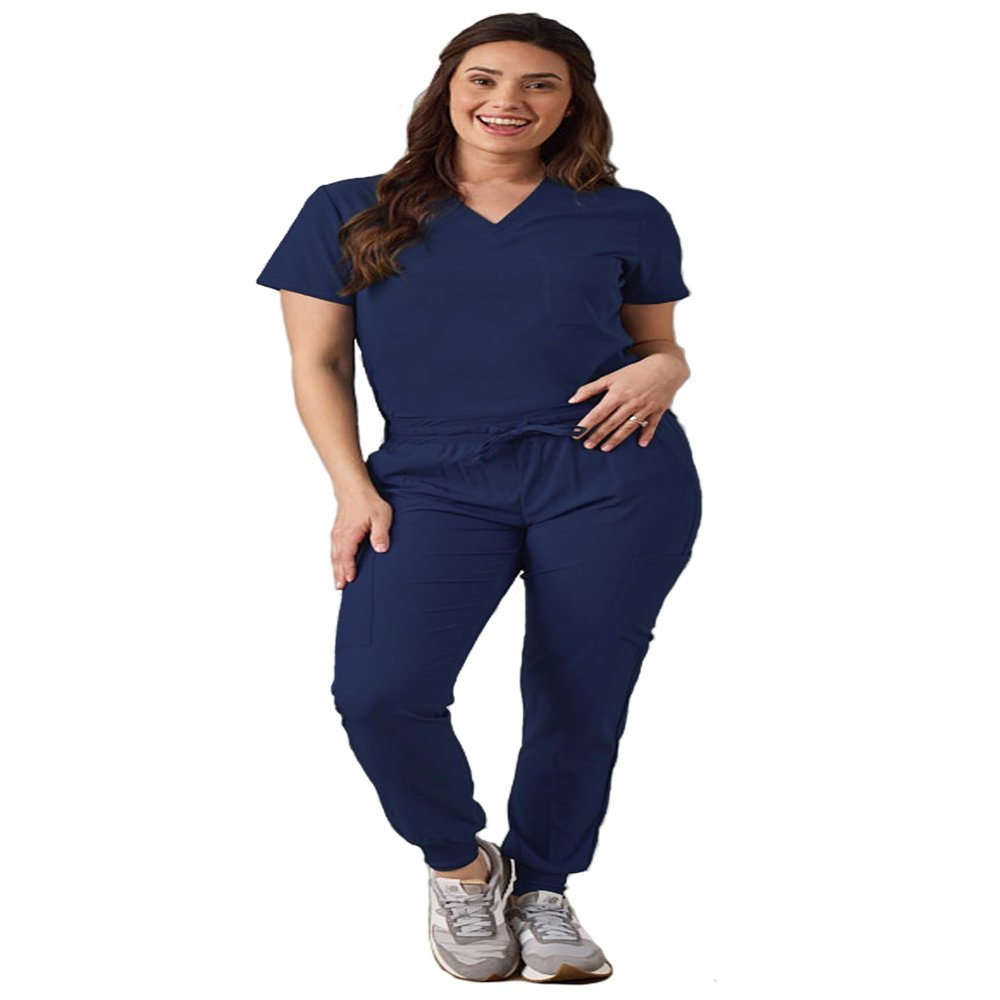 Green Town Scrubs for Women Scrub Set - Slim Fit Jogger Pant and Tuck-In V-Neck Top, 5 Pockets, Easy Care Uniform -Navy-X-Large