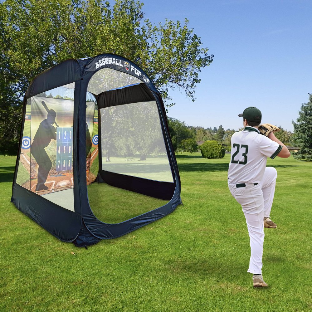 MACCABI Art 8' Pop-Up Baseball/Softball Practice Trainer with Built-in Hitting and Pitching Backdrop, Batting Tee for Children and Adults