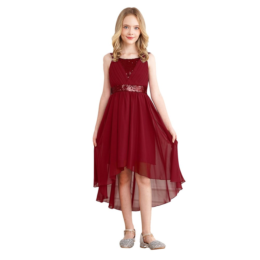 Linjinx Kids Girls Sequins Bridesmaid Wedding Party Pageant Formal Dress Irregular Chiffon Skirt Flower Girl Dress Prom Gown Burgundy 12 Years