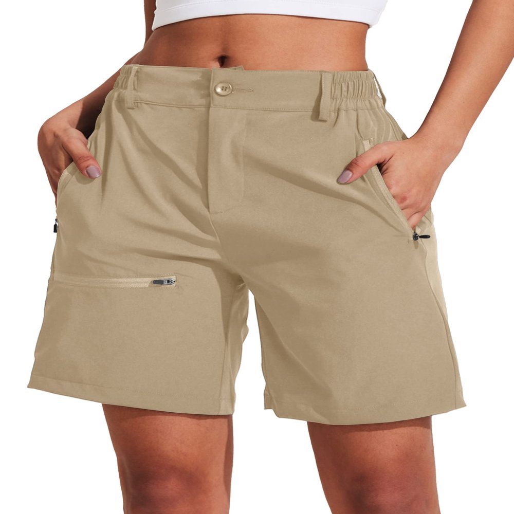 COOrun Women's 5" Hiking Shorts Golf Athletic Outdoor Shorts Quick Dry Workout Summer Water Shorts with Pockets Khaki M
