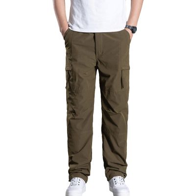 Mens Multi-Pocket Cotton Cargo Pants Mid Waist Casual Loose Military Pants Fleece Thick Outdoor Climbing Trousers (Khaki,Medium)