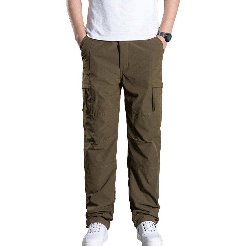Mens Multi-Pocket Cotton Cargo Pants Mid Waist Casual Loose Military Pants Fleece Thick Outdoor Climbing Trousers (Khaki,Medium)