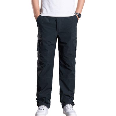 JEsilunmaMY Mens Multi-Pocket Cotton Cargo Pants Mid Waist Casual Loose Military Pants Fleece Thick Outdoor Climbing Trousers (Dark Grey,X-Large)