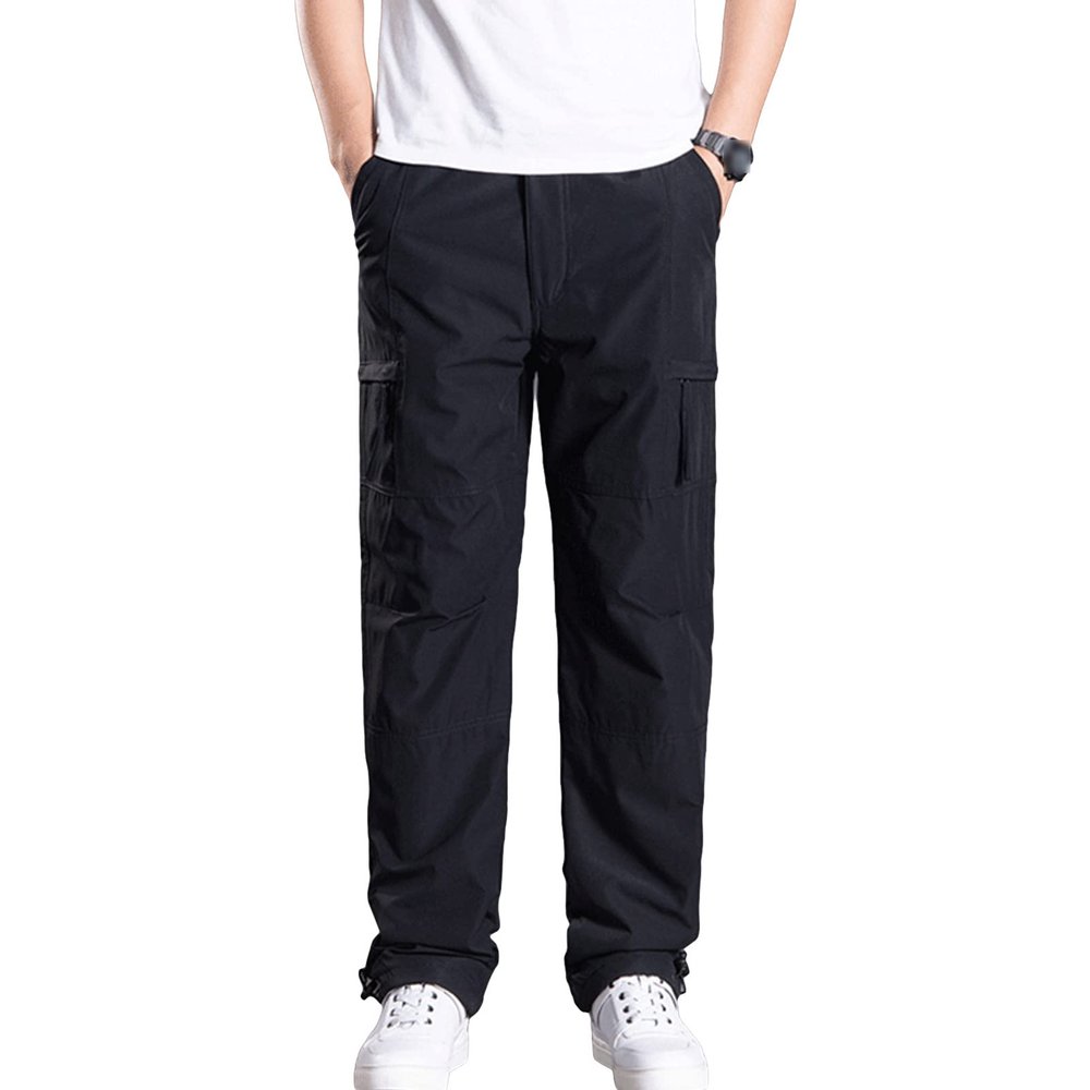 JEsilunmaMY Mens Multi-Pocket Cotton Cargo Pants Mid Waist Casual Loose Military Pants Fleece Thick Outdoor Climbing Trousers (Black,3X-Large)