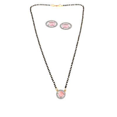 JewarHaat Ad Cz Two-Tone Silver Gold-Plated CZ-Studded & Beaded Indian Mangalsutra for Women (Pink Stone With Earrings)