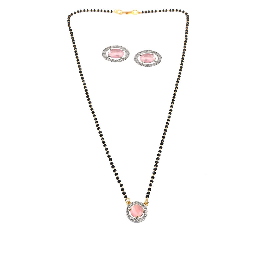 JewarHaat Ad Cz Two-Tone Silver Gold-Plated CZ-Studded & Beaded Indian Mangalsutra for Women (Pink Stone With Earrings)