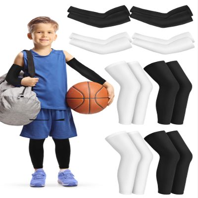 Leitee 8 Pairs Kids Compression Leg Sleeve and Compression Arm Sleeve Set Non Slip Leg Arm Wrap for Boy Girl Youth Basketball(Black, White)
