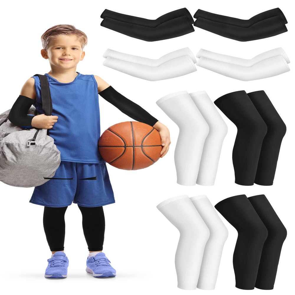 Leitee 8 Pairs Kids Compression Leg Sleeve and Compression Arm Sleeve Set Non Slip Leg Arm Wrap for Boy Girl Youth Basketball(Black, White)