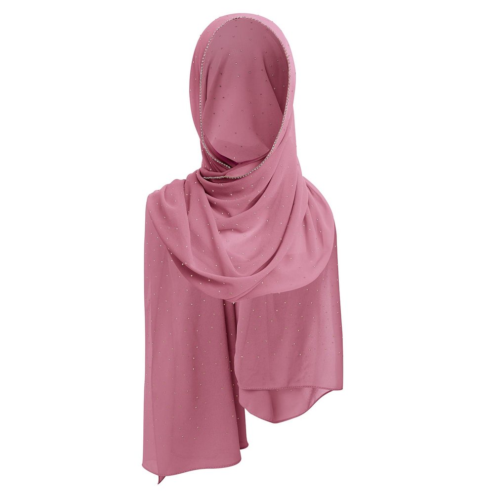 ABAFIP Women Chiffon Hijab Muslim Head Wrap Scarves Rhinestone Long Scarf Pashminas Shawls Solid Color Wraps Under Scarf Headwear Dark Pink One Size