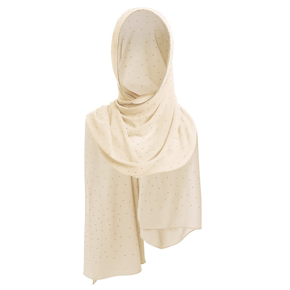 ABAFIP Women Chiffon Hijab Muslim Head Wrap Scarves Rhinestone Long Scarf Pashminas Shawls Solid Color Wraps Under Scarf Headwear Beige One Size