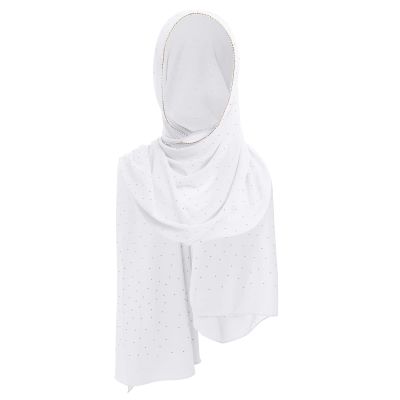 ABAFIP Women Chiffon Hijab Muslim Head Wrap Scarves Rhinestone Long Scarf Pashminas Shawls Solid Color Wraps Under Scarf Headwear White One Size
