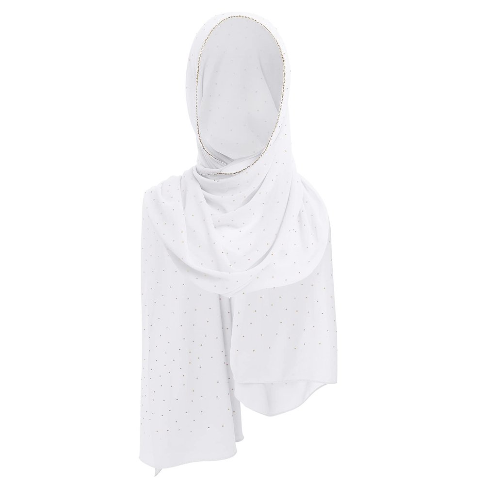ABAFIP Women Chiffon Hijab Muslim Head Wrap Scarves Rhinestone Long Scarf Pashminas Shawls Solid Color Wraps Under Scarf Headwear White One Size