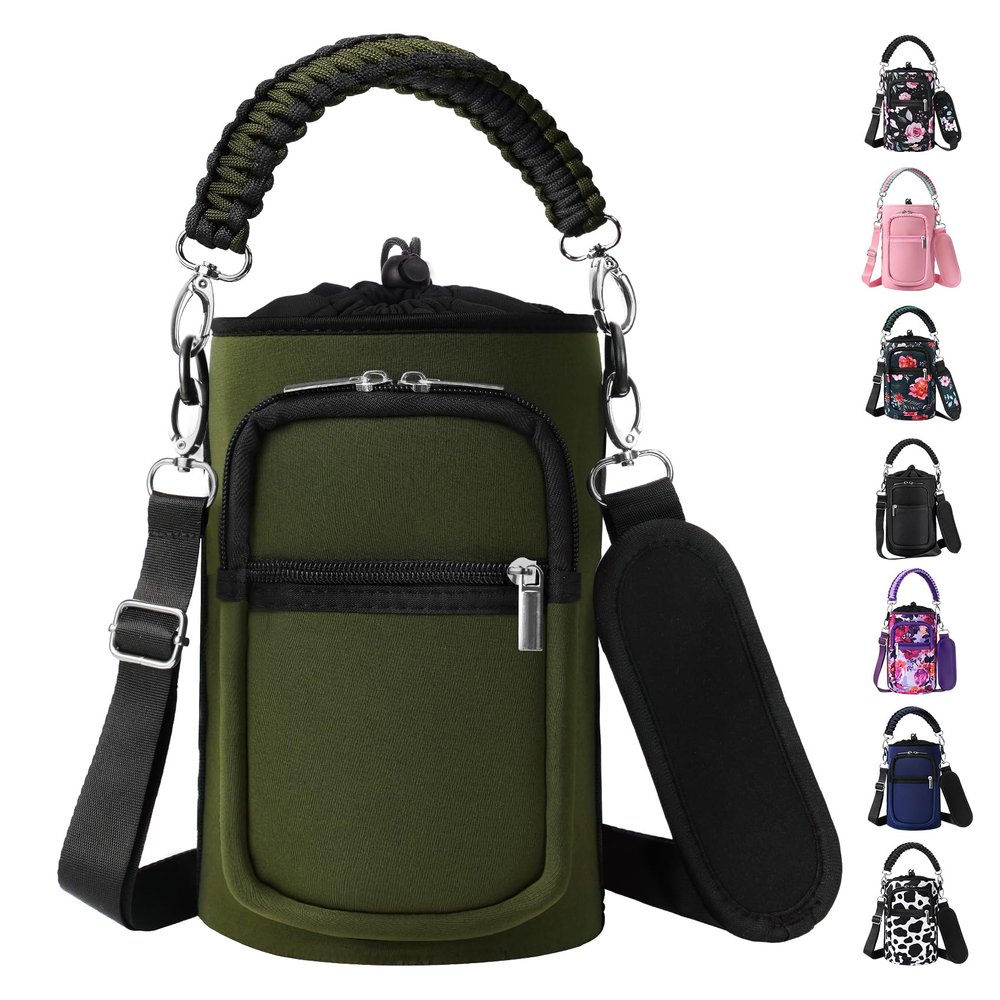 AceTreker 64 oz /87 oz/128 oz Neoprene Water Bottle Carrier for Half/One Gallon Insulated Metal Thermo Water Bottles, Sleeve Bag for Outdoor Camping, Hiking, Fishing-Green
