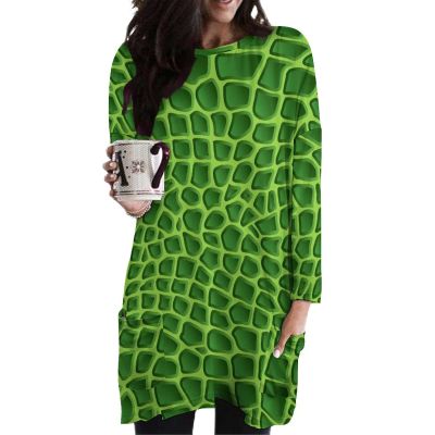 Green Crocodile Lizard Skin Women's Long Sleeve Dress T-Shirt Casual Top Crew Neck Tees with Pockets