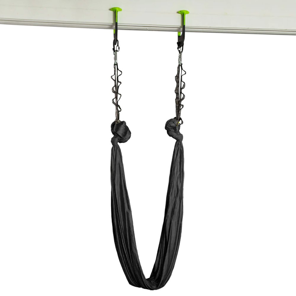 Duonamic Aerial Yoga Package: Black Yoga Hammock Includes Eleviia Pullup Bar System for Doorways | Portable for Home, Workplace or Travel