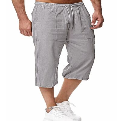HangNiFang Men's Long Linen Shorts Below Knee Pocketed 3/4 Summer Drawstring Capri Pant(0131-GreyX1-XXL)