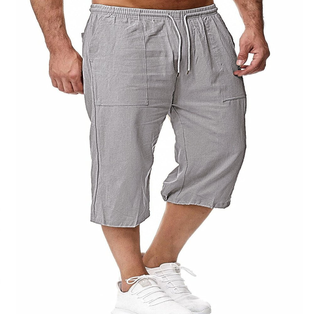 HangNiFang Men's Long Linen Shorts Below Knee Pocketed 3/4 Summer Drawstring Capri Pant(0131-GreyX1-XXL)