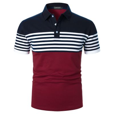 LUJENGEFA Mens Polo Shirts Short Sleeve Striped Casual Slim Fit Golf Polo Contrast Color Summer Cotton T-Shirts Wine Red and Navy Blue X-Large