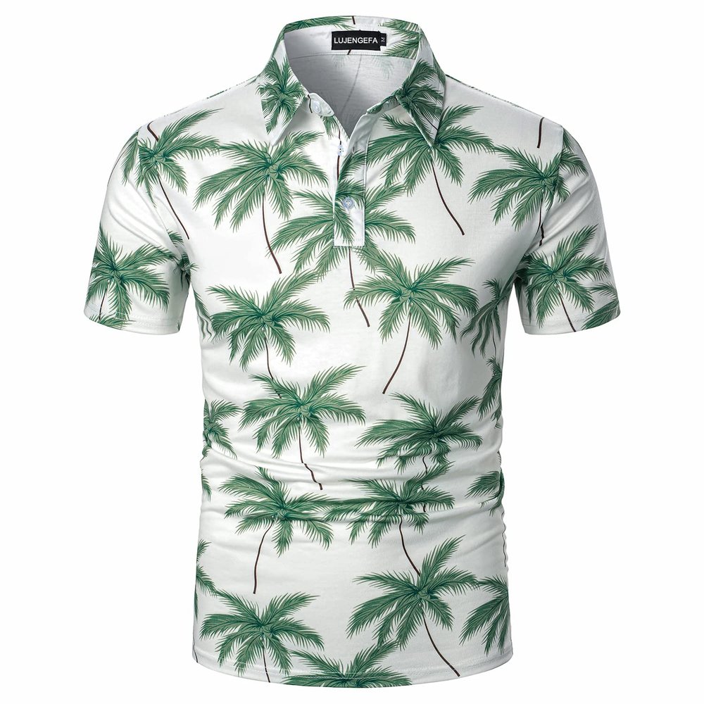 LUJENGEFA Mens Hawaiian Shirts Short Sleeve Polo Shirt Summer Holiday Beach Tropical Tops Golf Shirts for Men Green Small