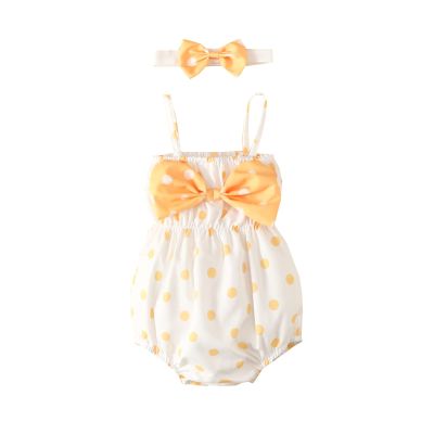 Toddler Girls Summer Sleeveless Polka Dot Print Romper Bodysuit Headband 2pcs Suit Outfits Toddler Boy Easter Clothes (Yellow, 12-18 Months)