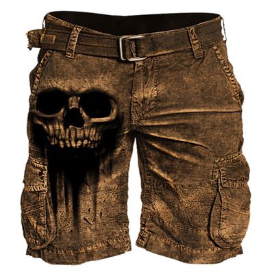 TACSTRUN Men's Cotton Straight Cargo Shorts Loose Skull Print Multi-Pocket Casual Relaxed Fit Outdoor Short Pants,Brown,S
