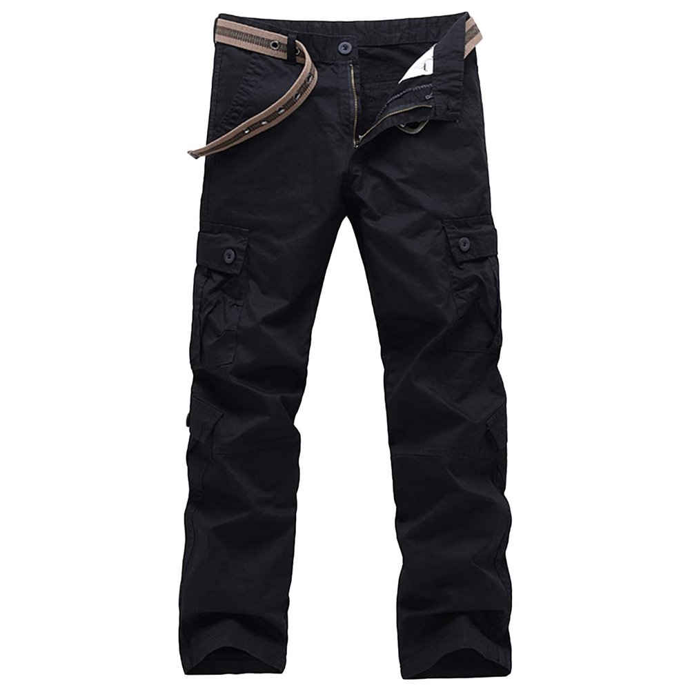 JEsilunmaMY Men's Multi-Pocket Slacks Mid Waist Outdoor Military Army Cargo Pants Athletic Jogger Straight Trousers Workwear (Black,28)