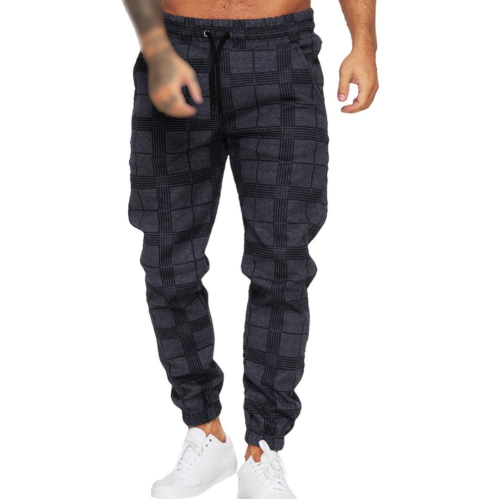 Men's Plaid Printed Sweatpants Elastic Waist Athletic Jogger Pants with Pocket Casual Comfy Stretch Lounge Pants (Dark Grey,Large)