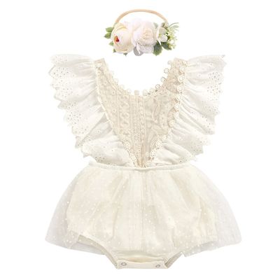 1st Birthday Outfit for Baby Girls - Boho Lace Romper Princess Tutu Dress with Flower Headband First Birthday Cake Smash Photoshoot Outfit First 1st Christmas for Baby Girls Beige 12-18 Months