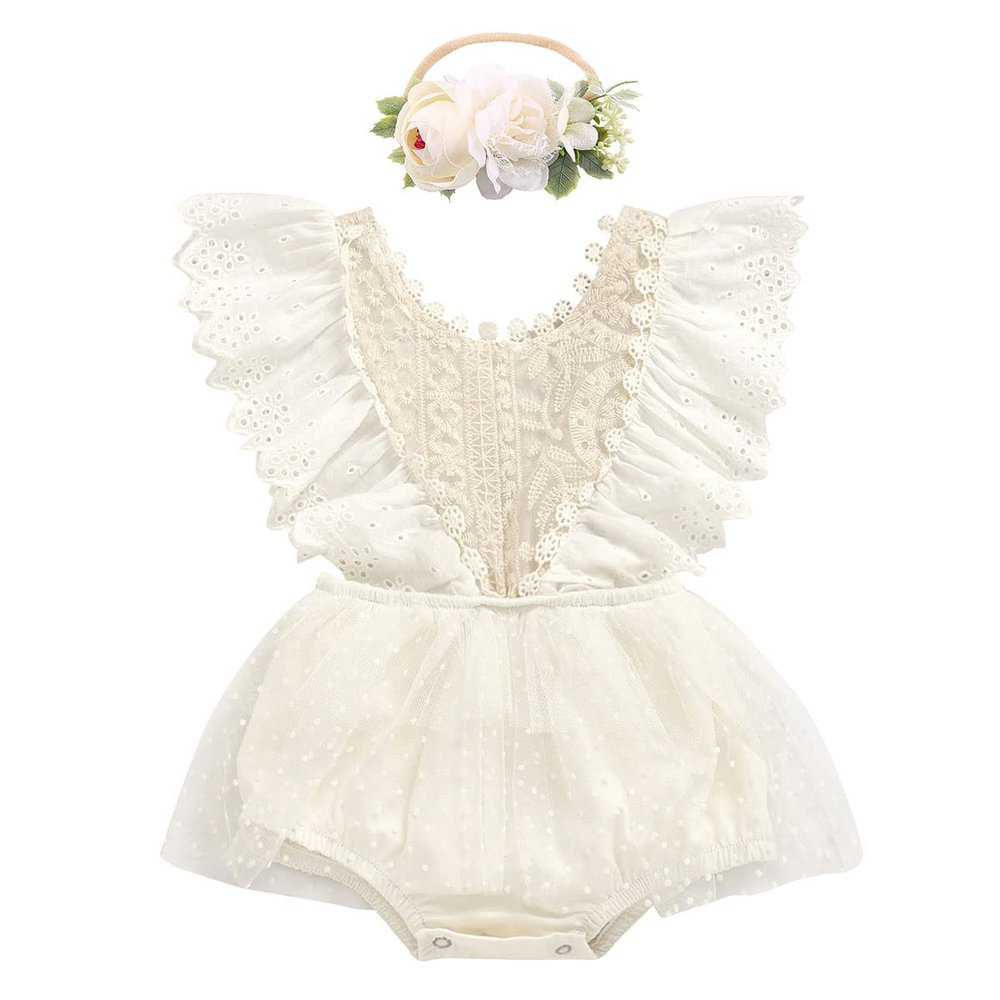 1st Birthday Outfit for Baby Girls - Boho Lace Romper Princess Tutu Dress with Flower Headband First Birthday Cake Smash Photoshoot Outfit First 1st Christmas for Baby Girls Beige 12-18 Months