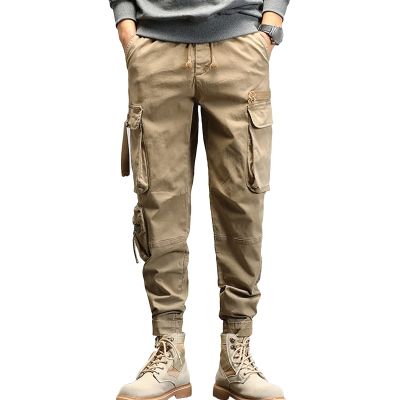 JEsilunmaMY Men's Multi-Pocket Slacks Elastic Waist Casual Loose Cotton Cargo Pants Athletic Workout Running Lounge Pants (Khaki,33)
