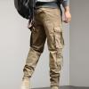 JEsilunmaMY Men's Multi-Pocket Slacks Elastic Waist Casual Loose Cotton Cargo Pants Athletic Workout Running Lounge Pants (Khaki,33) view 3