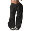 DUKBUBI Parachute Pants for Women Y2K Baggy Cargo Pants Drawstring Elastic Waist Low Rise Hippie Joggers with Pockets C Black view 1