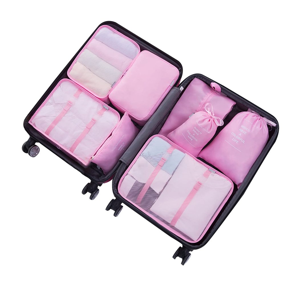 clinmday 8Pcs/Set Packing Pouch,Large Capacity Waterproof Foldable, Luggage Organizer Bags, Luggage Packing Organizers Set,Luggage Suitcase Storage Organizer Bag for Travel Pink