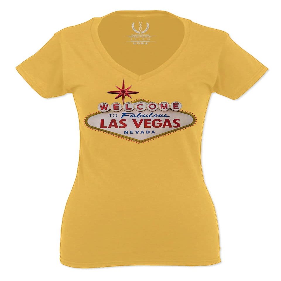 0551. Graphic Souvenir Signs Welcome to LAS Vegas Vacations Nevada for Women V Neck Fitted T Shirt (Gold Medium)