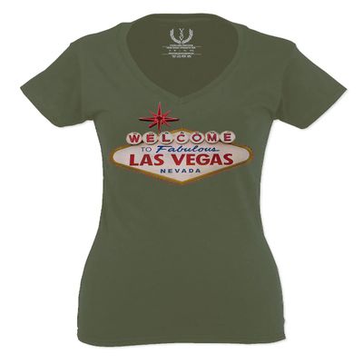 0551. Graphic Souvenir Signs Welcome to LAS Vegas Vacations Nevada for Women V Neck Fitted T Shirt (Olive, X Small)