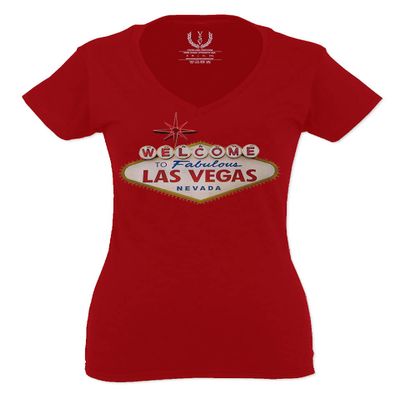 0551. Graphic Souvenir Signs Welcome to LAS Vegas Vacations Nevada for Women V Neck Fitted T Shirt (Red, Small)