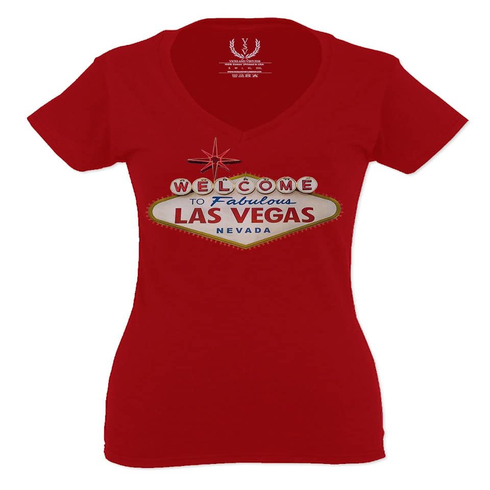 0551. Graphic Souvenir Signs Welcome to LAS Vegas Vacations Nevada for Women V Neck Fitted T Shirt (Red, Small)