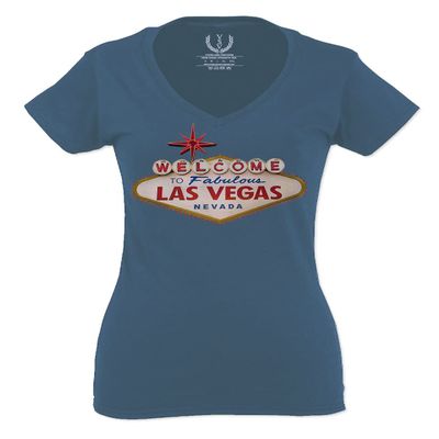0551. Graphic Souvenir Signs Welcome to LAS Vegas Vacations Nevada for Women V Neck Fitted T Shirt (Indigo Blue Medium)