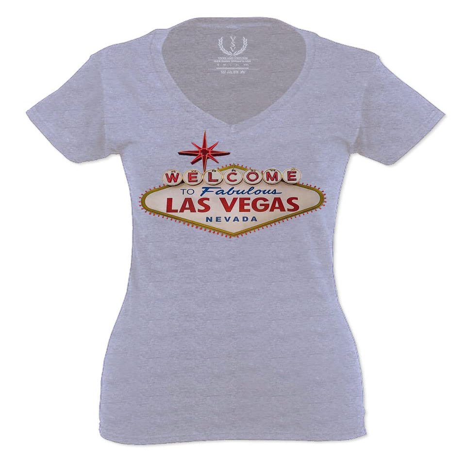 0551. Graphic Souvenir Signs Welcome to LAS Vegas Vacations Nevada for Women V Neck Fitted T Shirt (Light Gray Small)