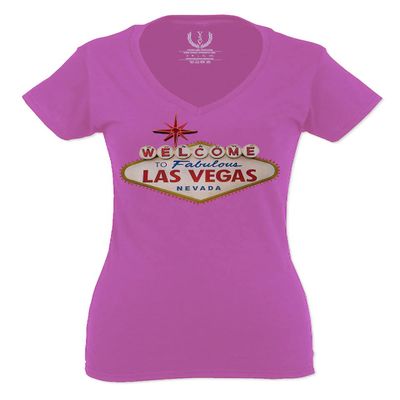 0551. Graphic Souvenir Signs Welcome to LAS Vegas Vacations Nevada for Women V Neck Fitted T Shirt (Pink Small)