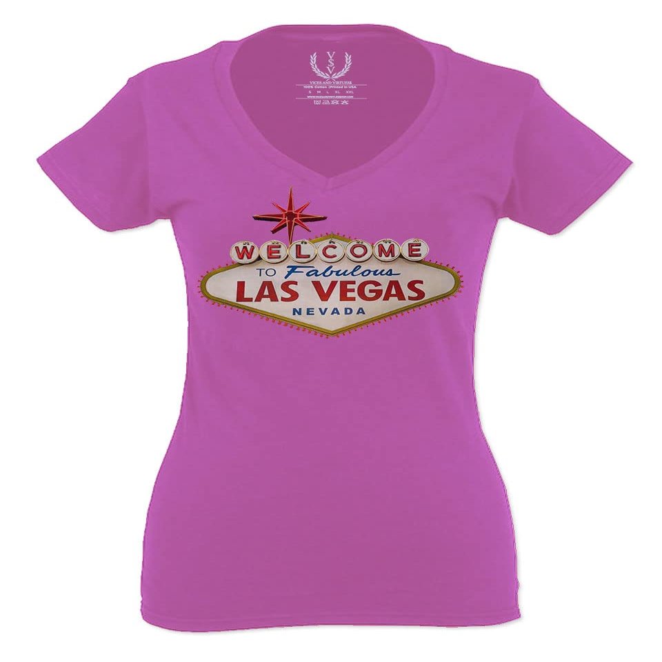 0551. Graphic Souvenir Signs Welcome to LAS Vegas Vacations Nevada for Women V Neck Fitted T Shirt (Pink Small)