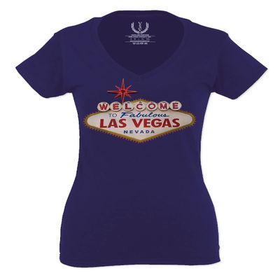 0551. Graphic Souvenir Signs Welcome to LAS Vegas Vacations Nevada for Women V Neck Fitted T Shirt (Navy Blue, X Small)