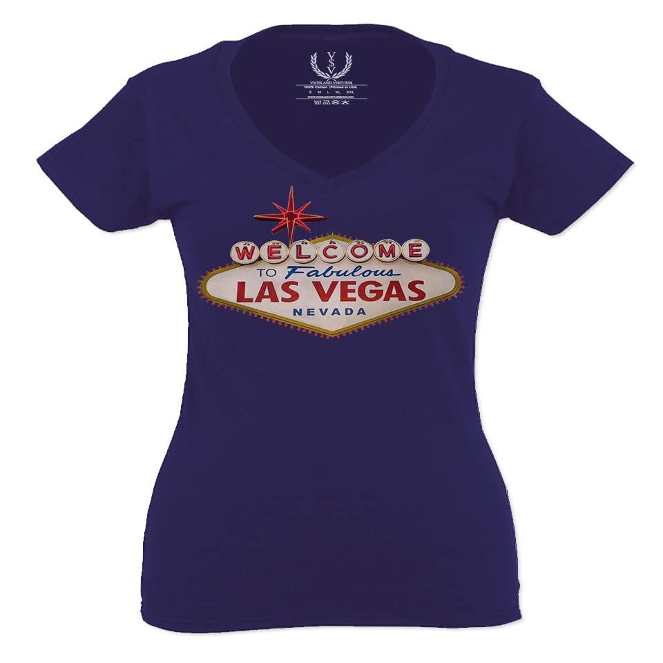 0551. Graphic Souvenir Signs Welcome to LAS Vegas Vacations Nevada for Women V Neck Fitted T Shirt (Navy Blue, X Small)