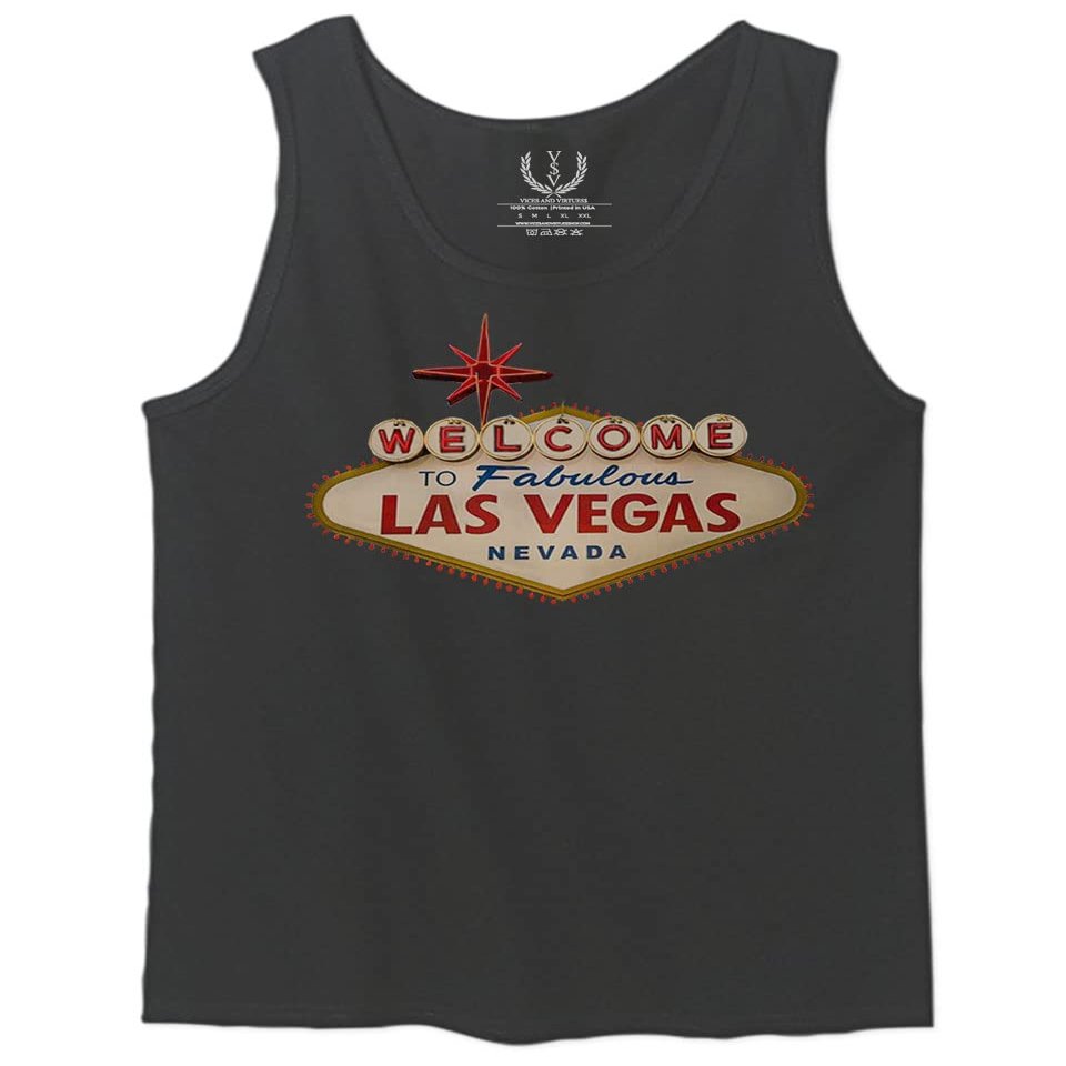 0551. Graphic Souvenir Signs Welcome to LAS Vegas Vacations Nevada Men's Tank Top (Charcoal, Medium)