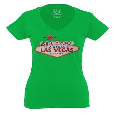 0551. Graphic Souvenir Signs Welcome to LAS Vegas Vacations Nevada for Women V Neck Fitted T Shirt (Irish Green Medium)